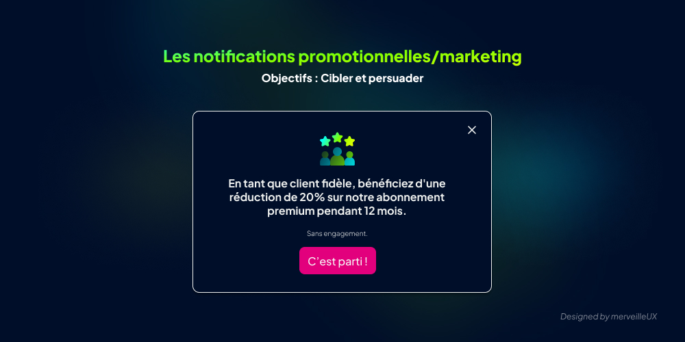 Exemple de notification promotionnelle SaaS : offre de réduction de 20% sur l'abonnement premium.