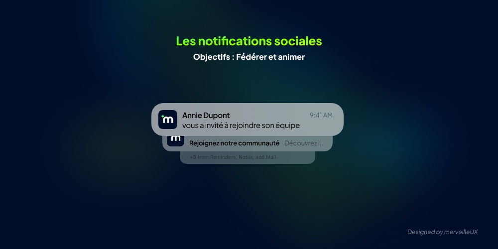 Exemple de notifications sociales : invitation à rejoindre une équipe et proposition de rejoindre une communauté sur un SaaS.