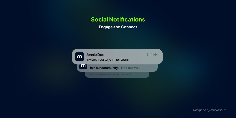 SaaS social notification example: invitation to join a team and proposal to join a community.