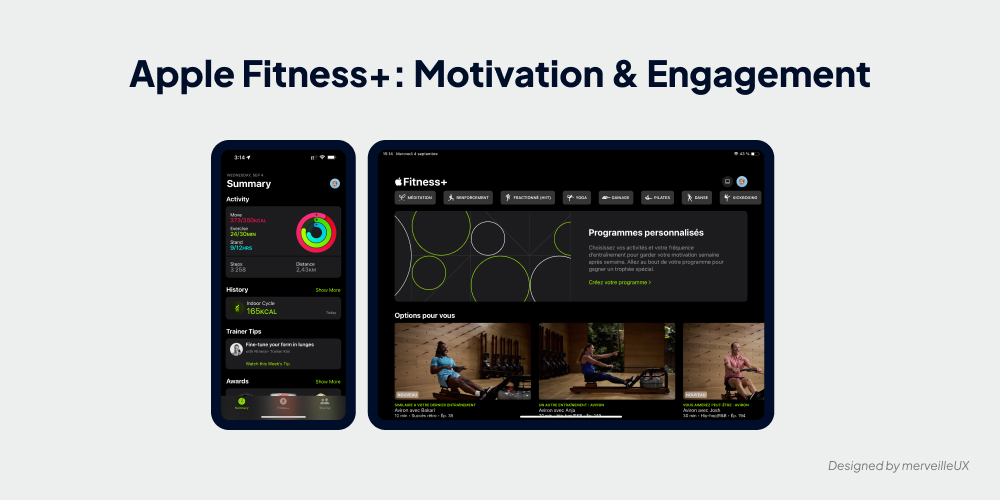 Screenshot of the Apple Fitness+ app with its activity rings and 'burn bar,' illustrating the use of gamification to motivate users.