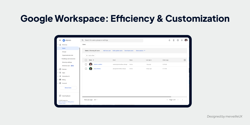 Google Workspace administration interface, allowing user account customization and workspace settings adjustments.