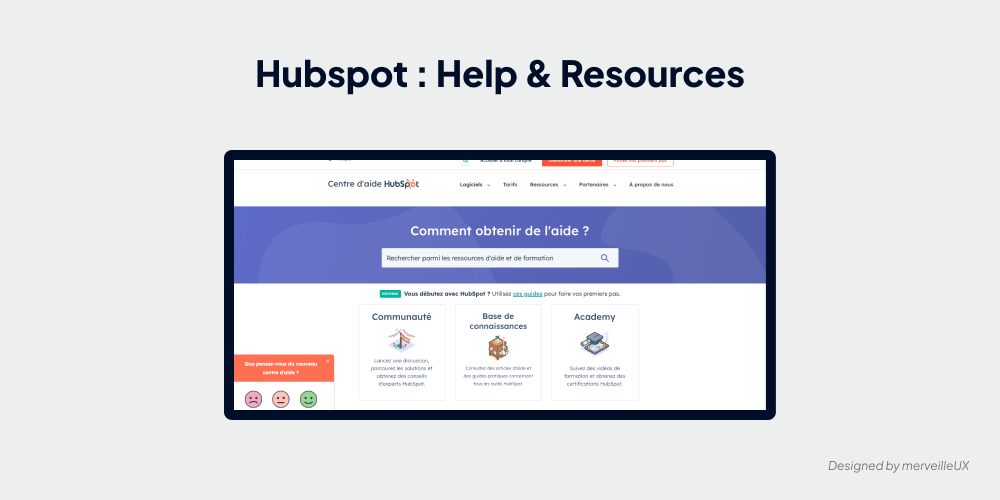 Screenshot of HubSpot's Help Center, offering a knowledge base, a community, and an academy to support users.