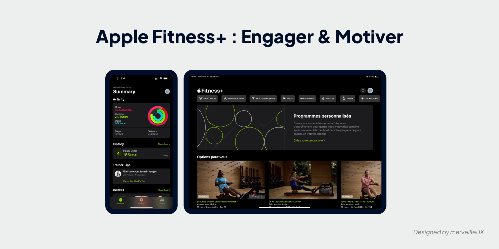 Capture d'écran de l'application Apple Fitness+ avec ses anneaux d'activité et sa 'burn bar', illustrant l'utilisation de la gamification pour motiver les utilisateurs.