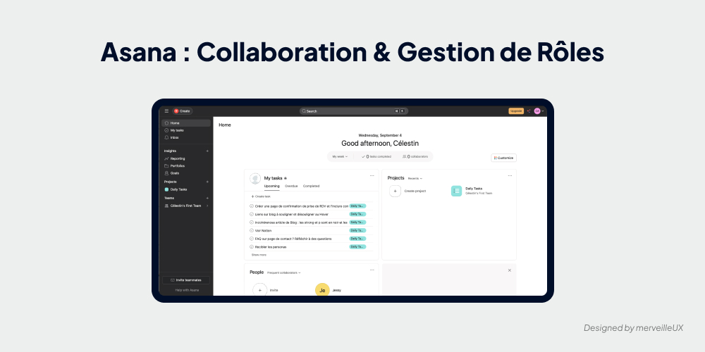 Interface de la plateforme de gestion de projet Asana, montrant ses fonctionnalités de collaboration et de gestion des rôles pour le travail en équipe.