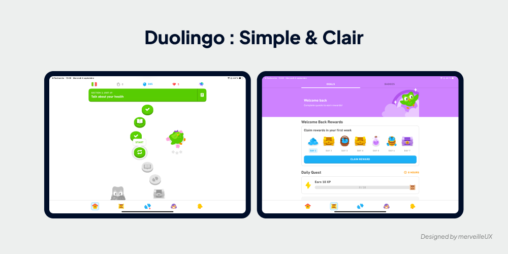 Interface de l'application Duolingo, mettant en avant sa simplicité d'utilisation et son design ludique.