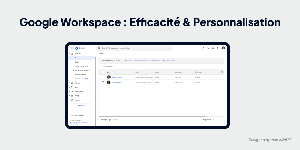 Interface d'administration de Google Workspace, permettant de personnaliser les comptes utilisateurs et d'ajuster les paramètres de l'espace de travail.