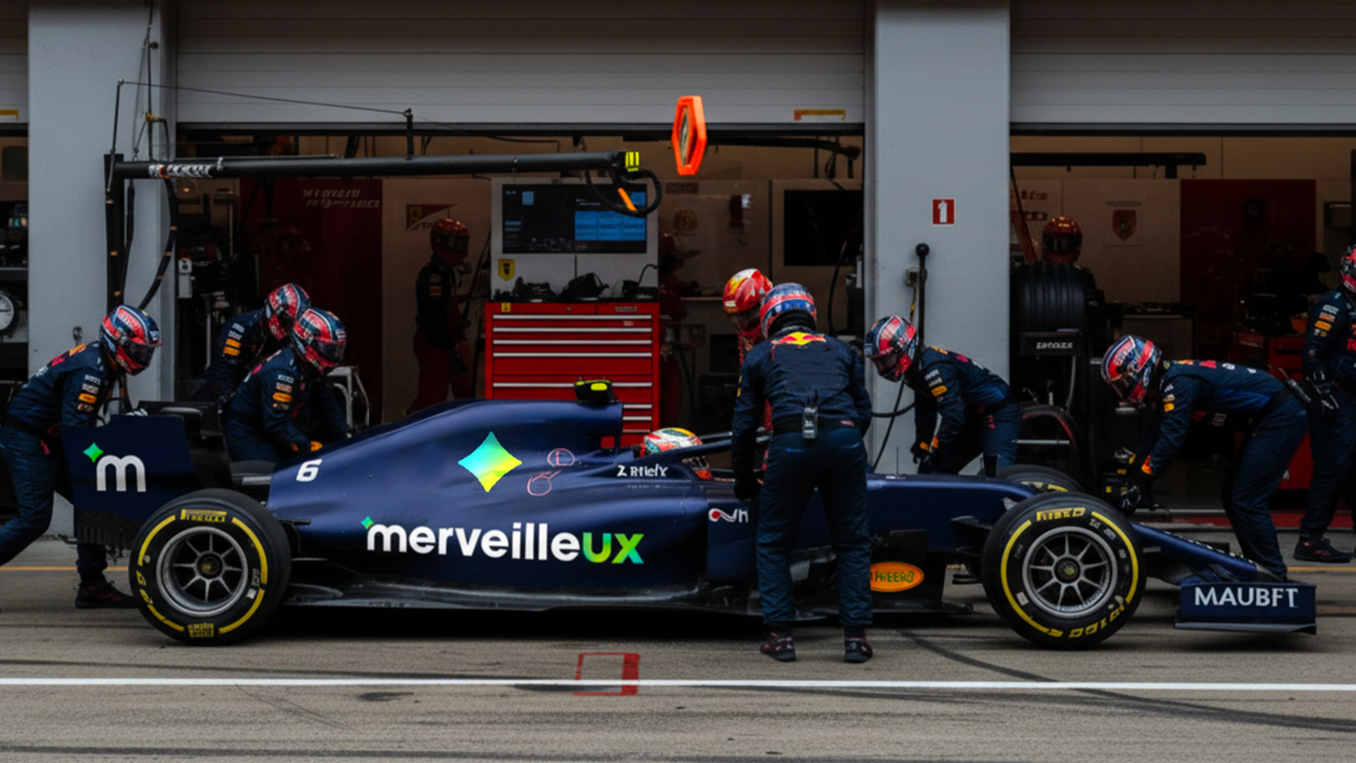 Un arrêt au stand de Formule 1 vu de côté, symbolisant l'efficacité et la précision du Design Ops pour accélérer la performance d'une équipe.