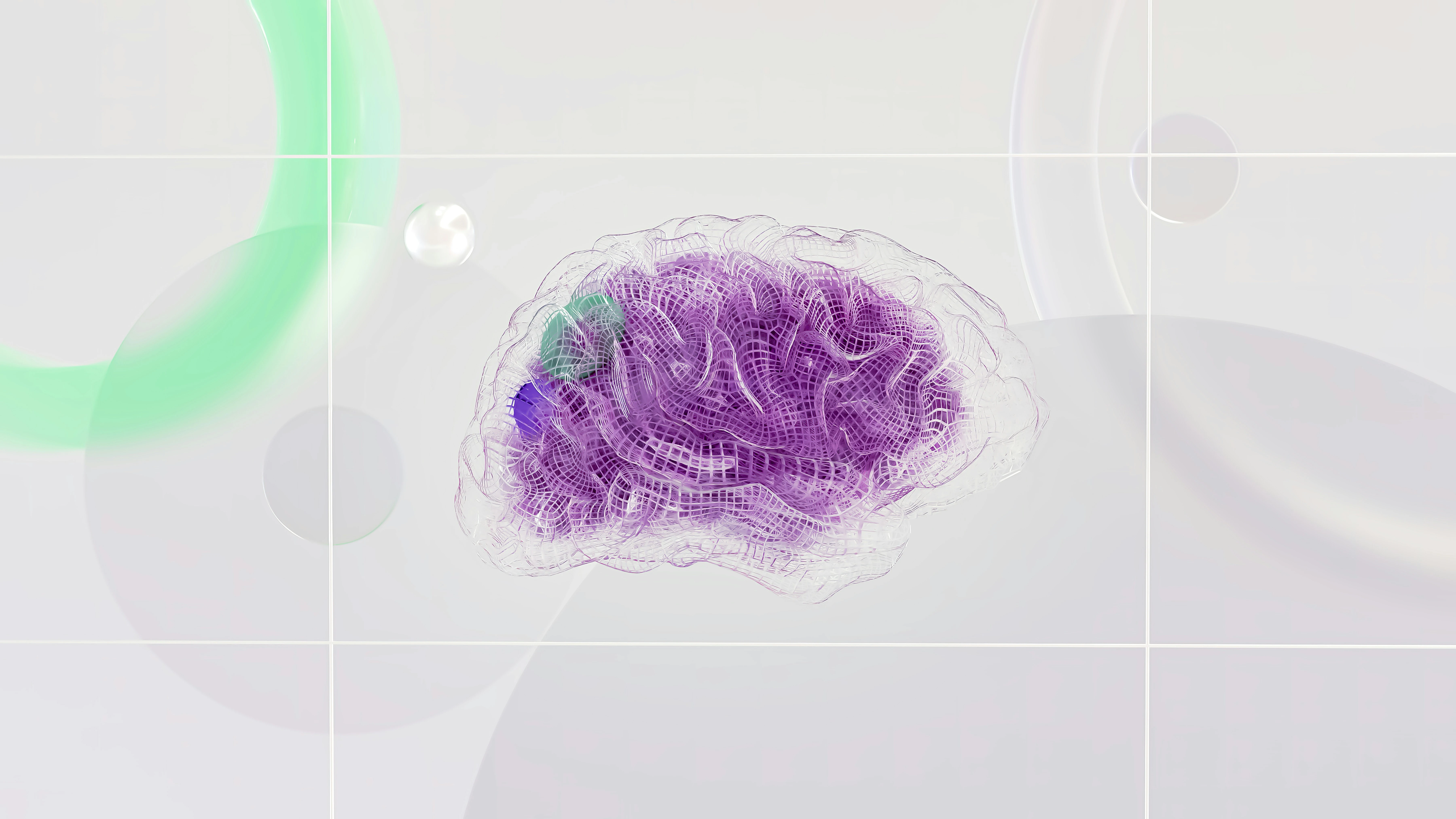 A stylized, digital rendering of a human brain in a purple wireframe structure, with green and blue highlighted sections, on a light abstract background with geometric shapes.