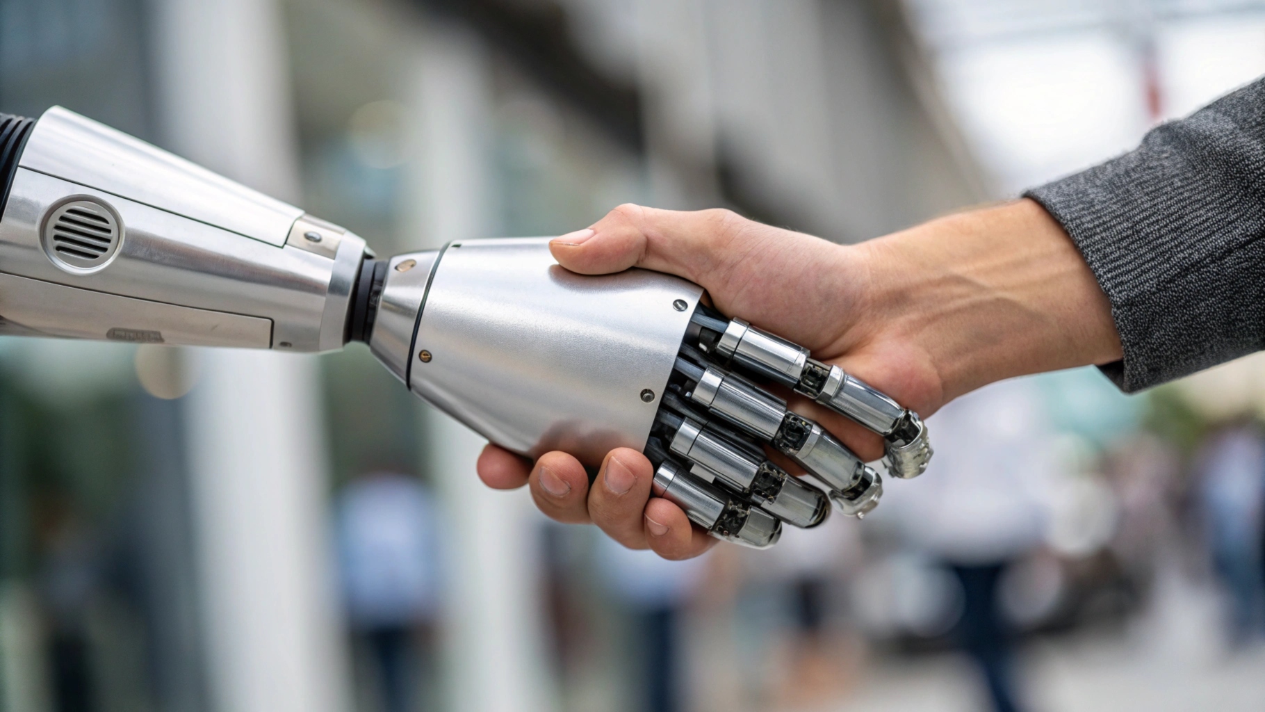 A robot hand shaking a human hand