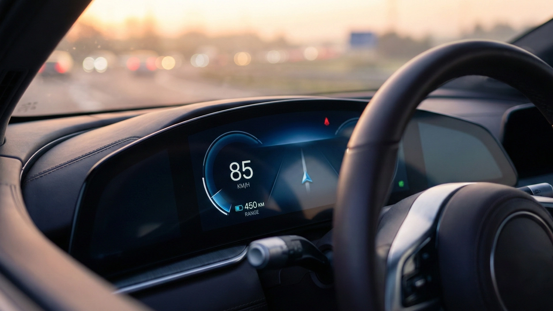 Photographie épurée d'un tableau de bord de voiture moderne avec une interface numérique claire, illustrant la métaphore de la visibilité des données et de la prise de décision rapide.